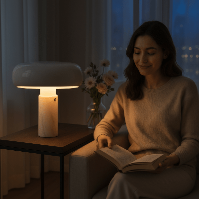 lampe champignon blanche marbre femme lisant fauteuil beige en soirée table bois foncé pattes métal bouquet fleurs vase