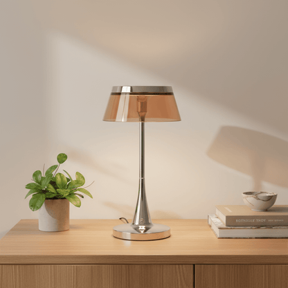 lampe champignon métal chrome- abat-jour acrylique transparent couleur cuivre tactile rechargeable