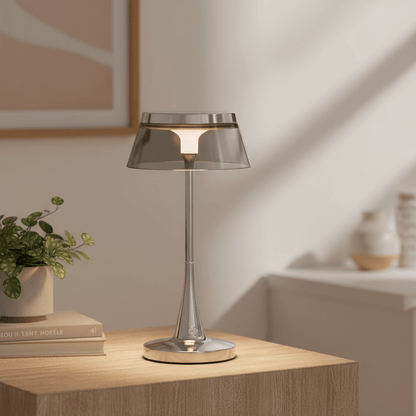 lampe champignon métal chrome abat-jour acrylique fumé tactile sans fil