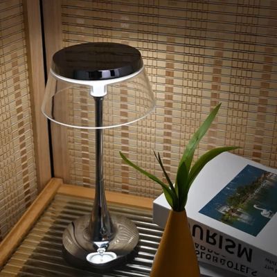 lampe champignon métal chromé et acrylique rechargeable tactile sur une table des livres et une petite plante