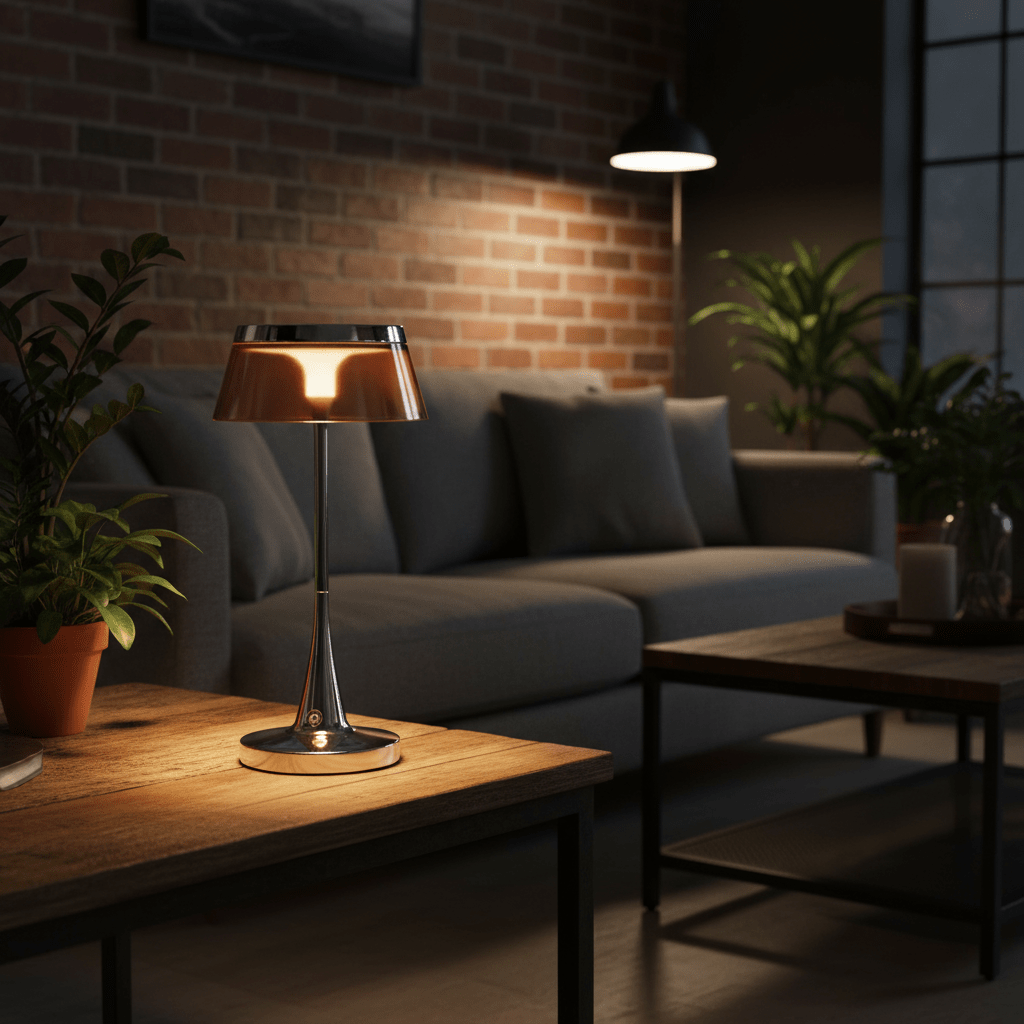 lampe champignon abat-jour acrylique couleur cuivre métal  chromé sans fil dans un salon de style bohème industriel chic