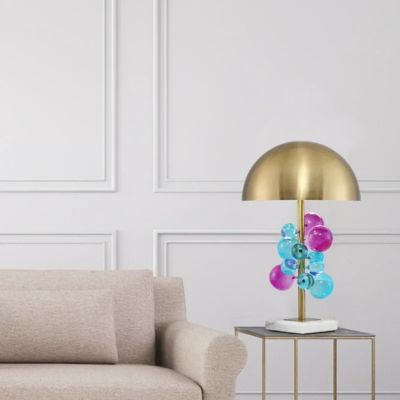 Lampe champignon design italien dorée marbre blanc bulle verres bleues rose salon moderne blanc et crème