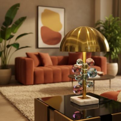 Lampe champignon design italien salon style bohème éclectique tons terracotta et rouille chaud luxueux éditorial