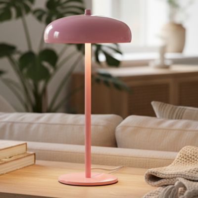 lampe champignon design rose sur console derrière canapé blanc salon nordique