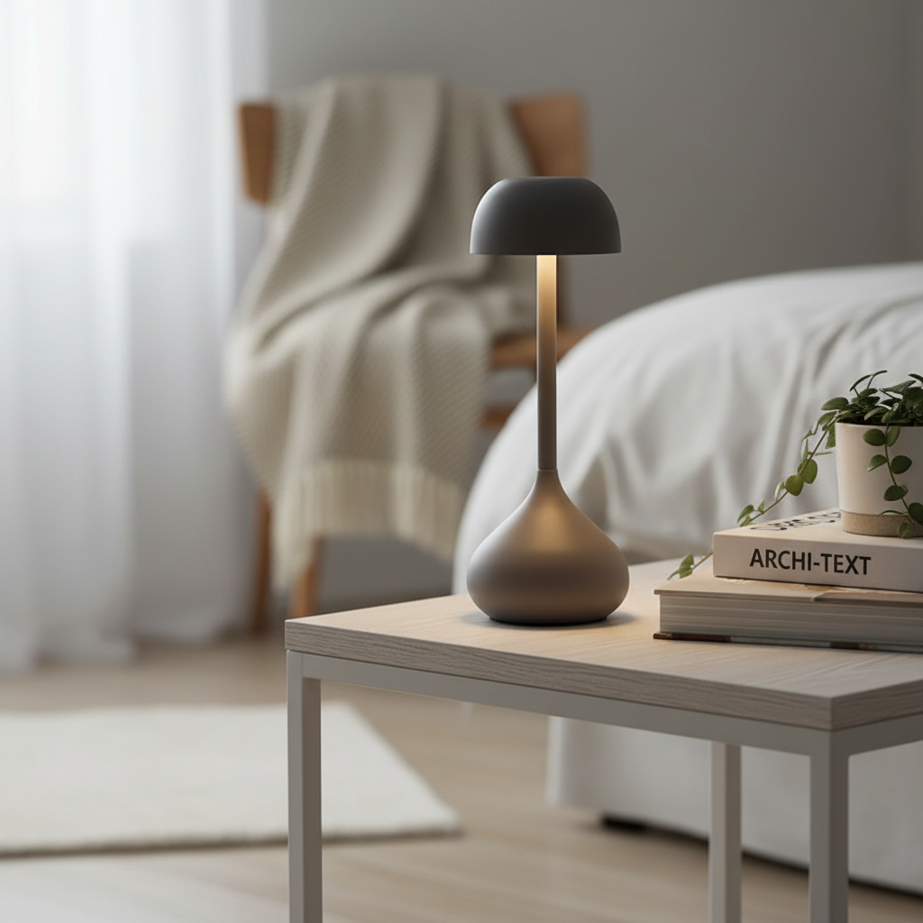 lampe champignon grise mate chambre et table blanche livres et petite plante