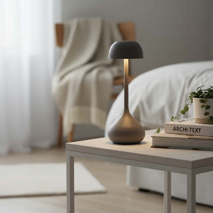 lampe champignon grise mate chambre et table blanche livres et petite plante