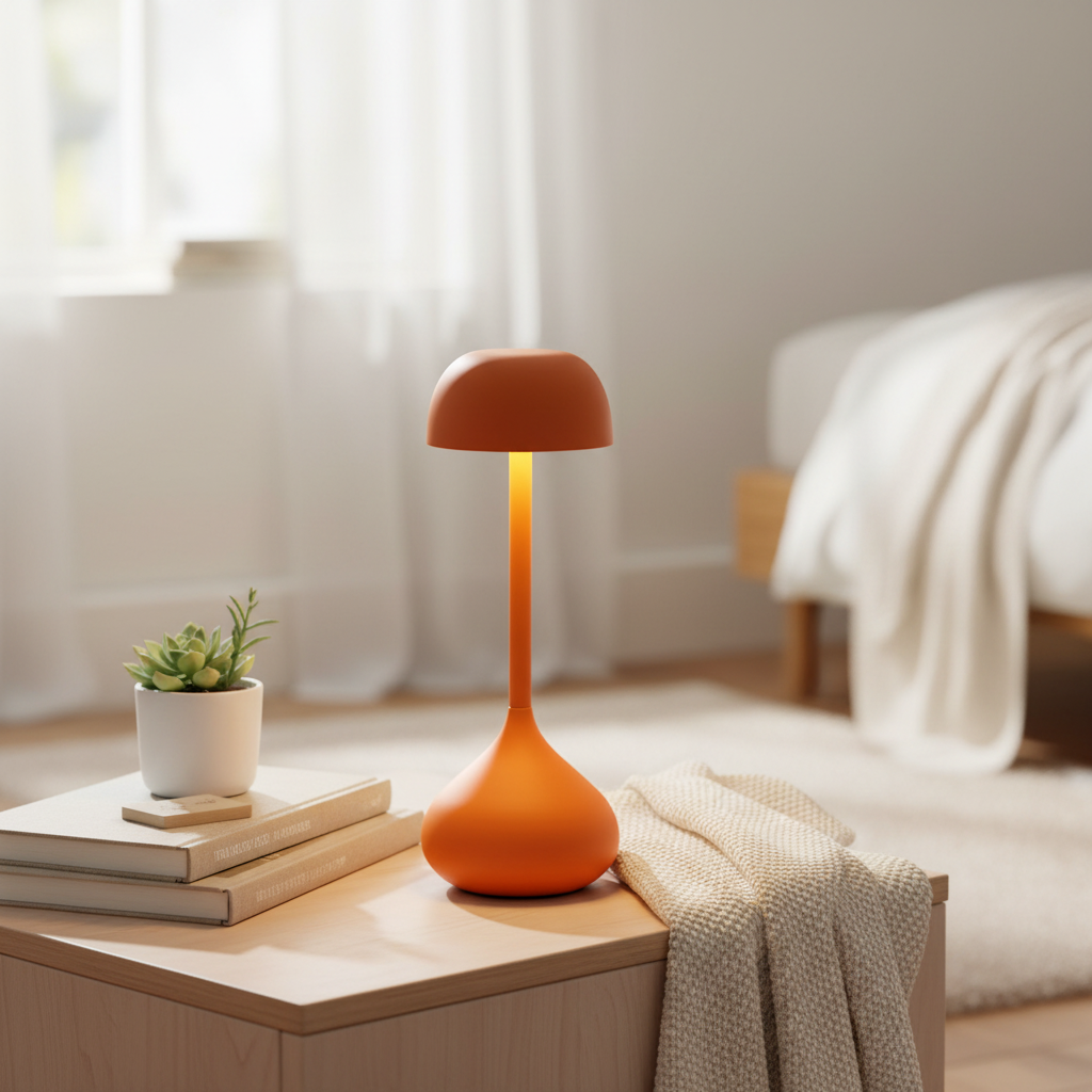 lampe champignon métal orange chambre et table bois blair livres plante