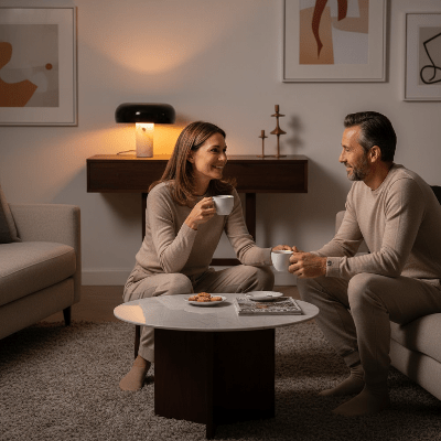 lampe champignon blanche et noire en marbre un couple dans salon buvant un café ambiance chaleureuse