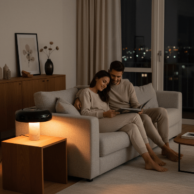 lampe champignon pied marbre blanc abat-jour noire allumée canapé amoureux regardent livre porte-patio voit lumières ville