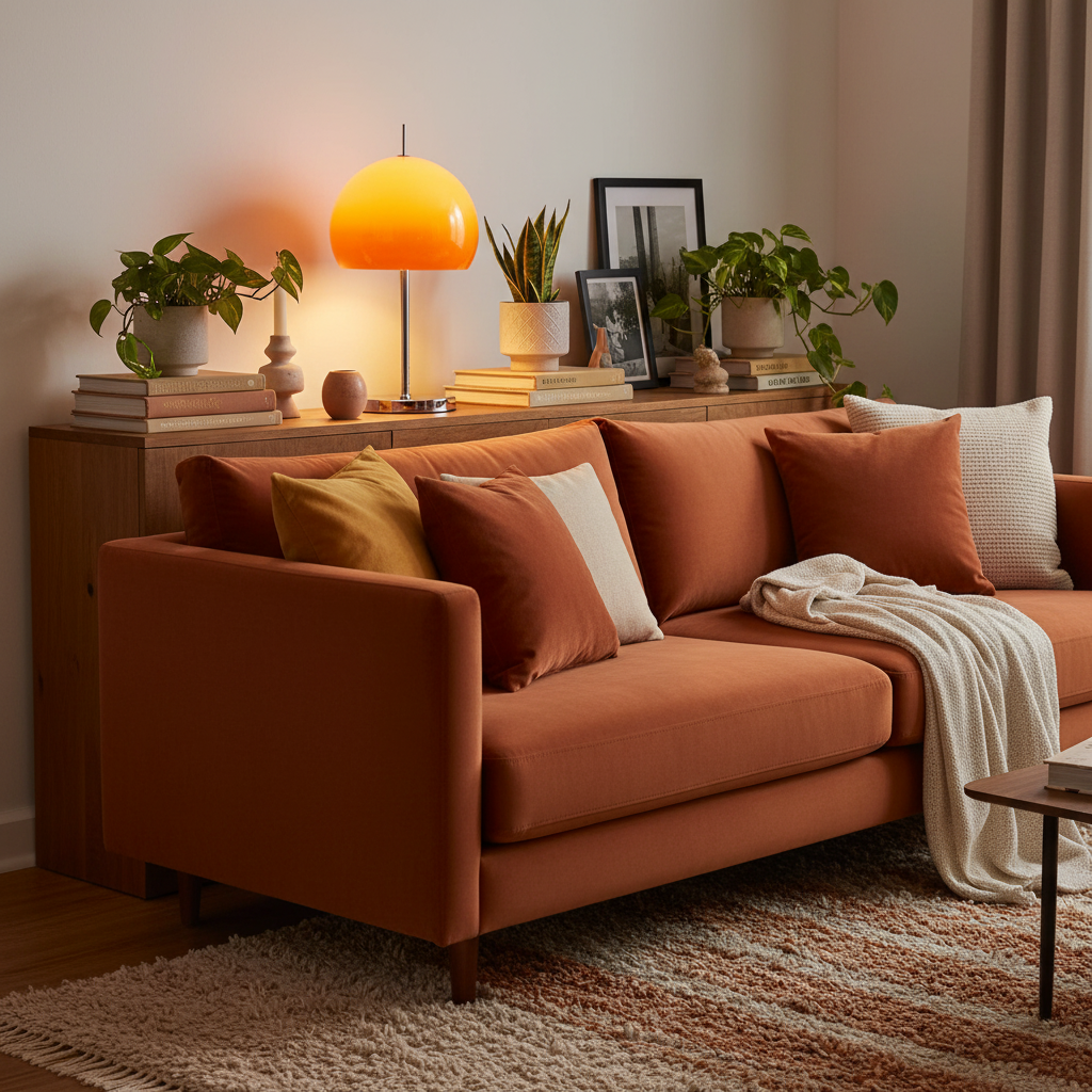 Lampe champignon orange dégradé sur console salon rétro scandinave chaleureux