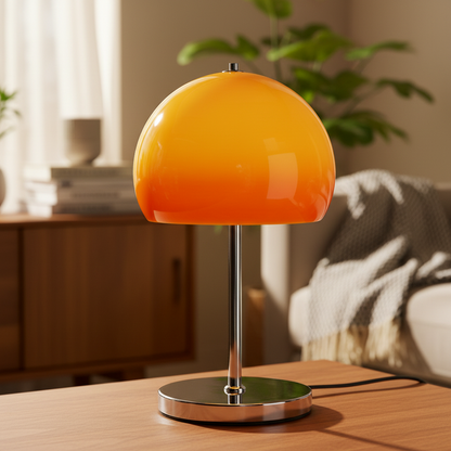 lampe champignon orange dégradé en verre pied métal chromé sur table bois dans salon