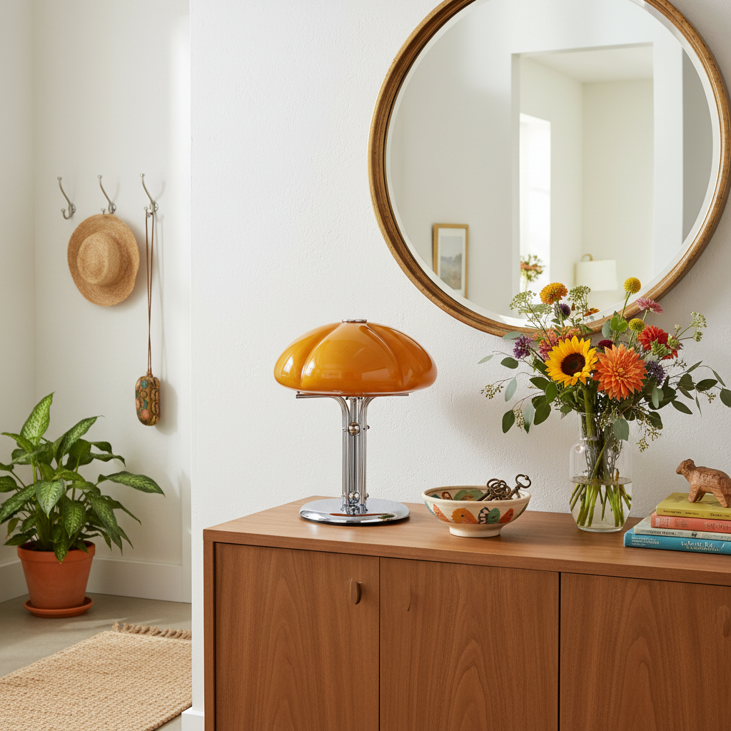 lampe champignon orange et chrome sur crédence style nordique miroir rond contour bois fleurs dans entrée