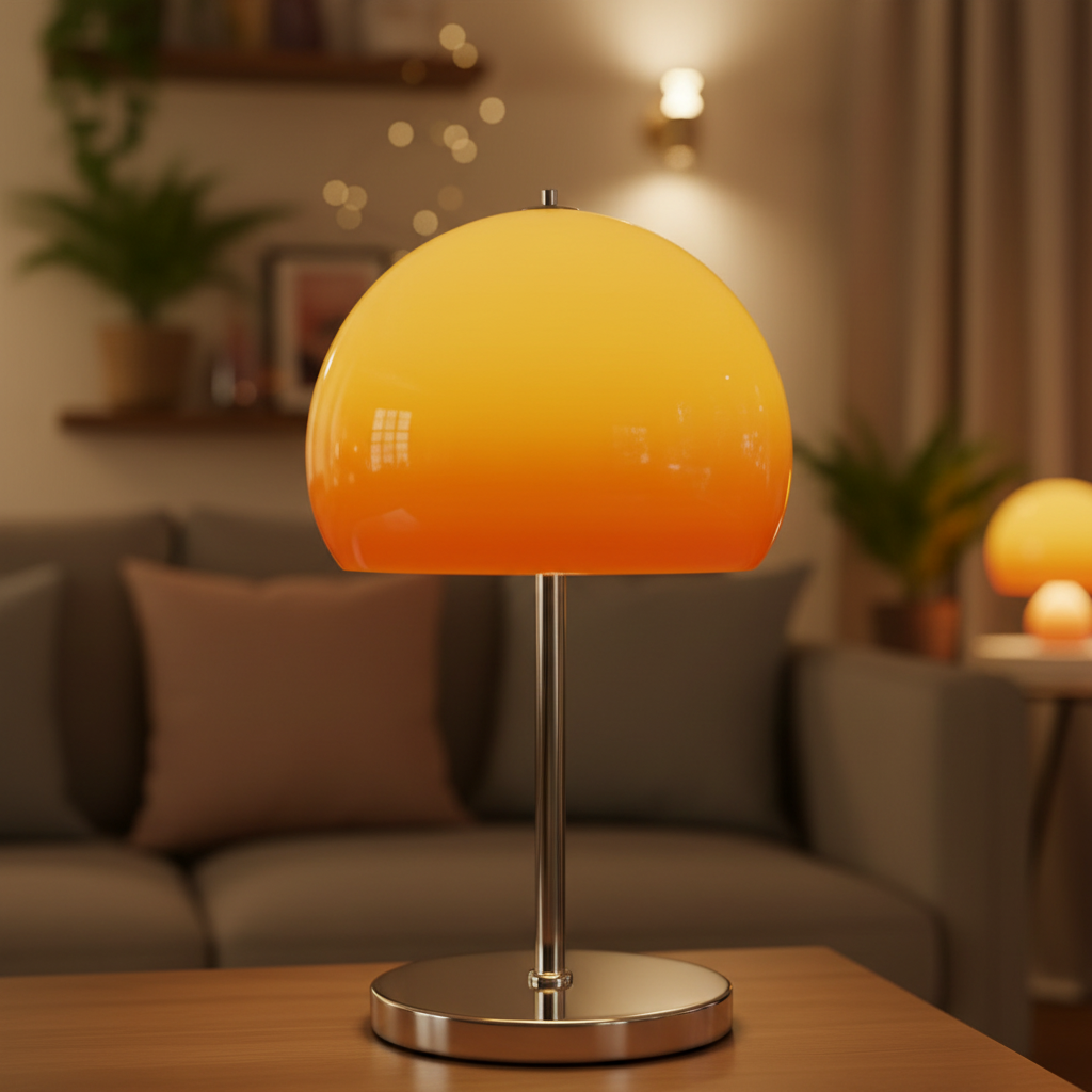 lampe champignon orange dégradé-dans salon canapé beige