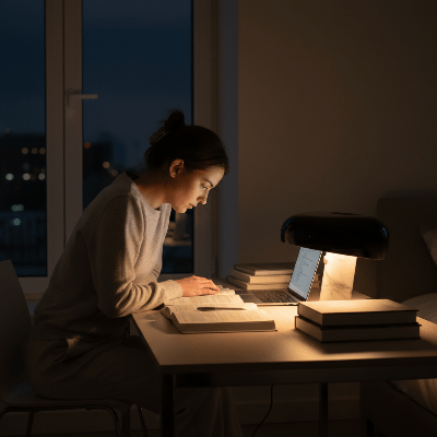 lampe champignon pied marbre blanc abat-jour-noire allumée en soirée femme étudie ordinateur plusieurs livres table blanche