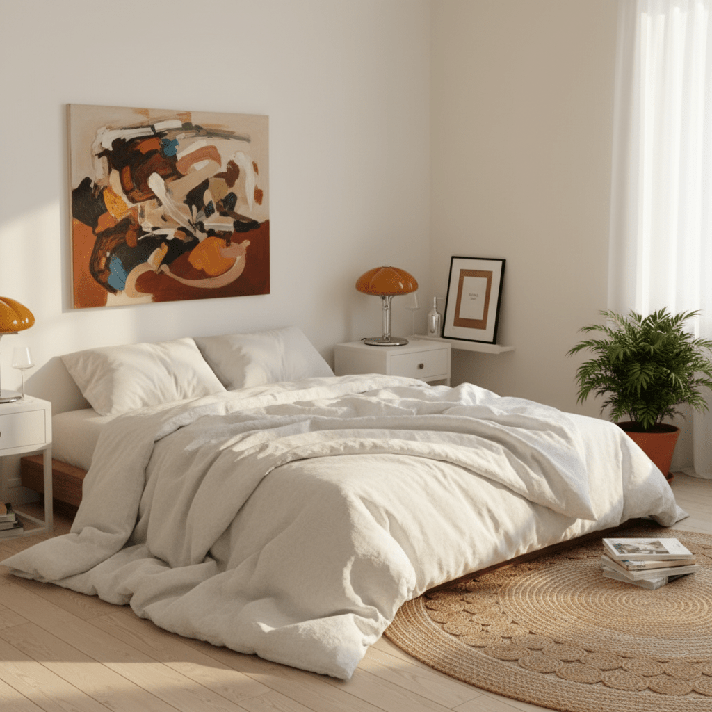 lampe champignon orange et chrome dans chambre bohème lit bas blanc tapis rond en jute plante verte cadre expressionniste