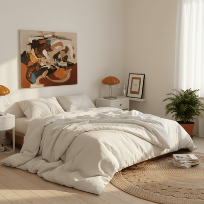 lampe champignon orange et chrome dans chambre bohème lit bas blanc tapis rond en jute plante verte cadre expressionniste