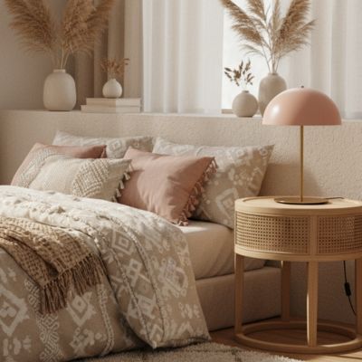 Lampe champignon rose et cuivre dans chambre féminine bohème