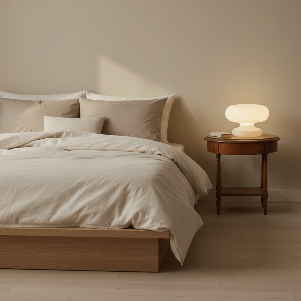 lampe champignon blanche verre Bauhaus table nuit lit bas couette doudou chambre chaleureuse