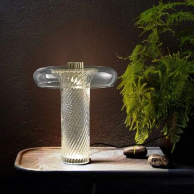 lampe champignon transparent verre sur crédence bois mur  ciment charbon belle fougère 
