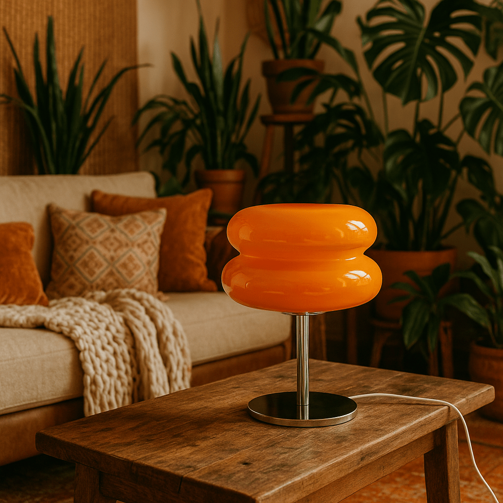 lampe champignon type macaron verre orange pied chrome sur table à café canapé beige coussins beige terracotta une jetée gros tricot derrière plante monstera et plusieurs autres