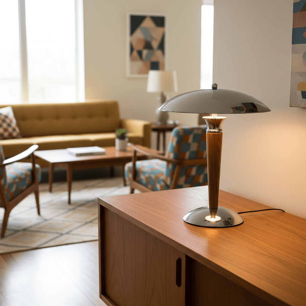 lampe champignon salon mid-century lampe mise en valeur sur un meuble en teck