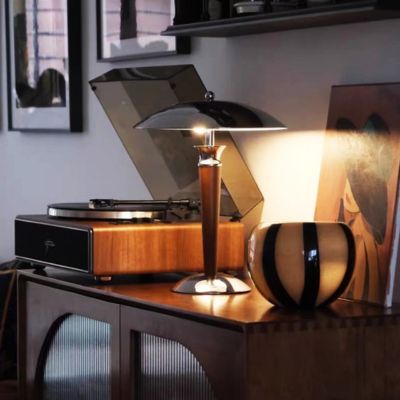 lampe champignon ovni LED tricolore métal et bois mid-century vintage