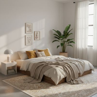 Lampe champignon vintage blanche chambre bohème beige blanche et ocre plante verte grand tapis créant ambiance apaisante
