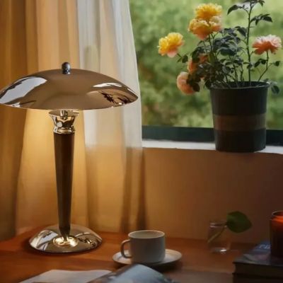 lampe champignon UFO métal chrome et bois mid-century LED tricolore posée table près fenêtre avec fleurs jaunes