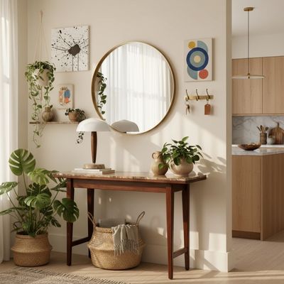 Lampe champignon marbre bois verre sur crédence miroir rond paniers plante monstera osier ambiance bohème chaleureuse 