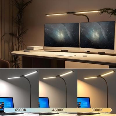 lampe de bureau à double bras éclairant deux écrans démonstration  trois températures de couleur 6500K 4500K et 3000K