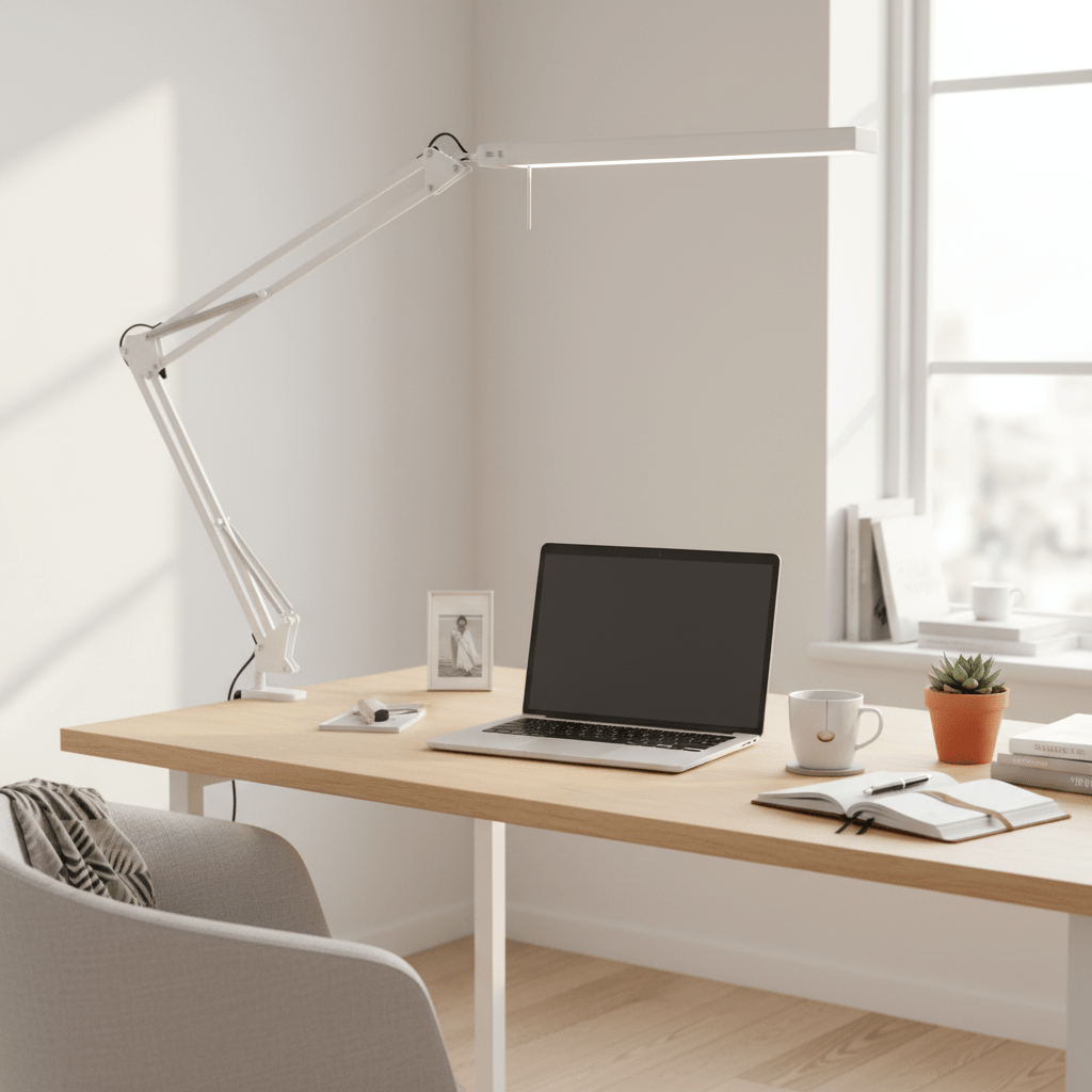 lampe de bureau blanche workspace 3 modes de lumière et 10 intensités bras rotatif bureau style nordique chaise gris pâle murs blancs fenêtre blanche ordinateur 