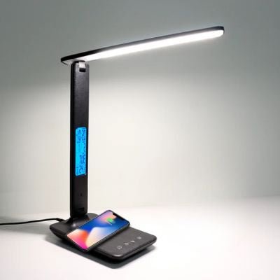 lampe de bureau led noire chargement sans fil smartphone écran numérique horloge température base tactile éclairage blanc ambiance moderne