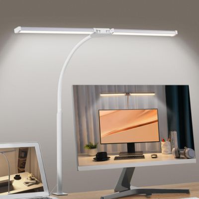 lampe de bureau blanche fixée table bureau ordinateur et télécommande