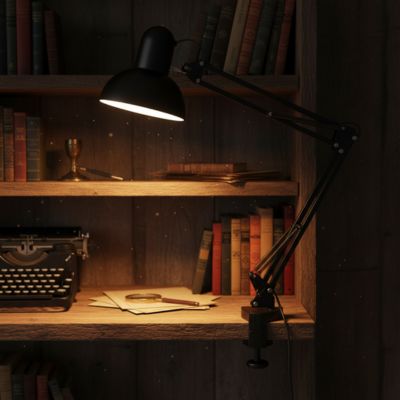 lampe de bureau LED noire allumée meuble bois livres et ancienne dactylo