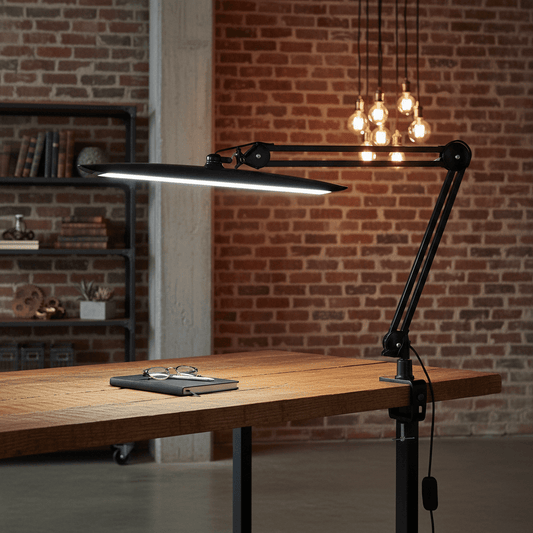 lampe de bureau LED noire premium bras articulé dans un bureau de style industriel