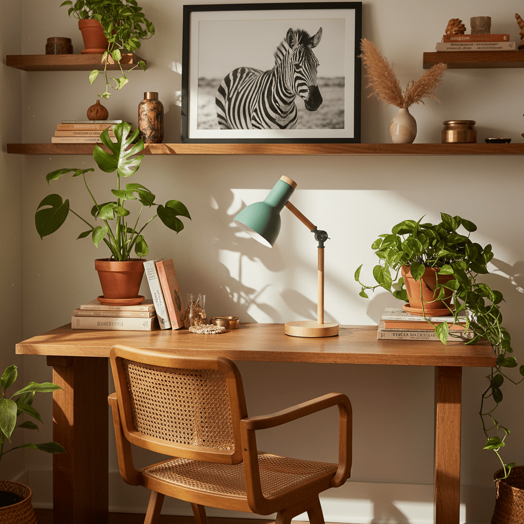 lampe de bureau vert menthe avec base bois d'hévéa et bras articulé sur bureau bohème éclectique avec chaise vintage plantes étagères et grande photo zèbre