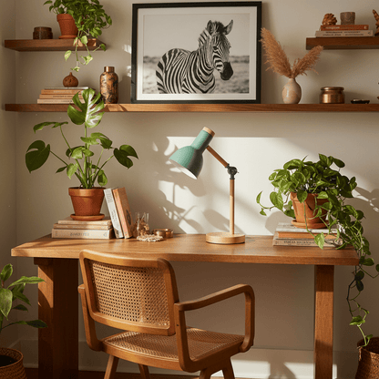 lampe de bureau vert menthe avec base bois d'hévéa et bras articulé sur bureau bohème éclectique avec chaise vintage plantes étagères et grande photo zèbre