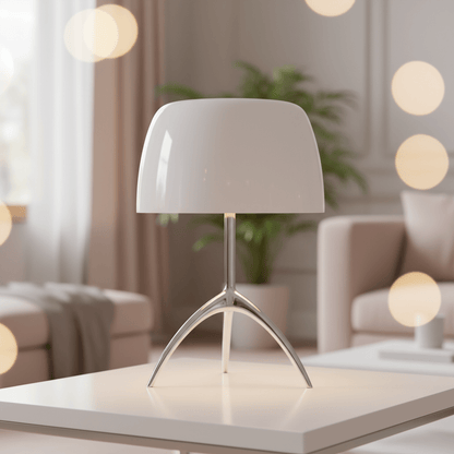 lampe de chevet blanche métal et verre de Haute Qualité tripode inspiration Bauhaus salon moderne contemporain tout blanc grande plante verte