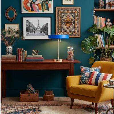 lampe de chevet bleue art deco dans intérieur éclectique coloré ambiance vivante