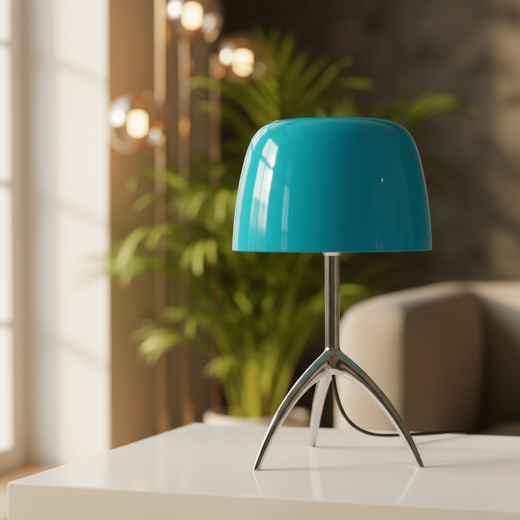 lampe de chevet bleue turquoise métal chrome et verre pied tripode inspiration Bauhaus salon contemporain beige plante