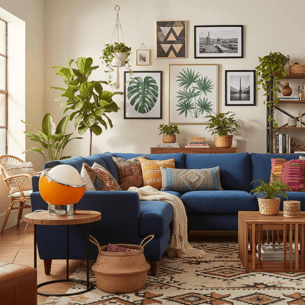 lampe de chevet orange-mediéval style-Bauhaus-modernisée dans salon bohème éclectique