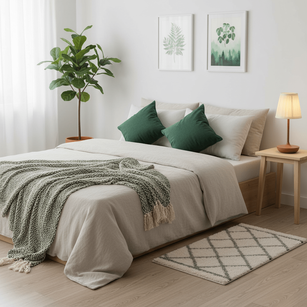 lampe de chevet petite table de nuit chambre blanche une jeté blanche verte coussins vert contemporain 