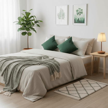 lampe de chevet petite table de nuit chambre blanche une jeté blanche verte coussins vert contemporain 