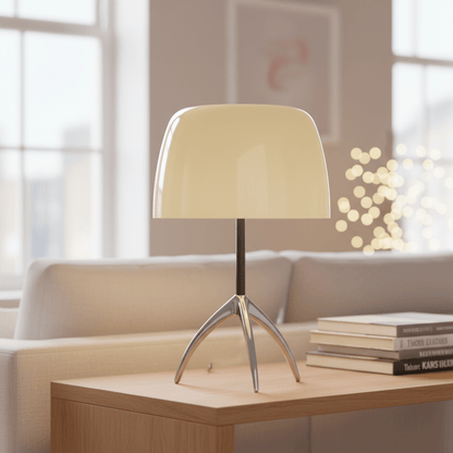 lampe de chevet couleur crème métal et verre de Haute Qualité design italien tripode inspiration Bauhaus salon moderne tout blanc