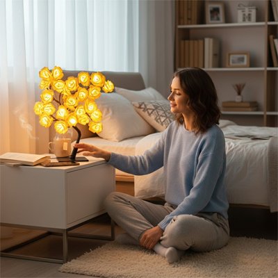 Lampe de chevet design forme arbre lumières formes de roses jaunes allumées sur table chevet bois jeune femme sur le sol près de son lit 