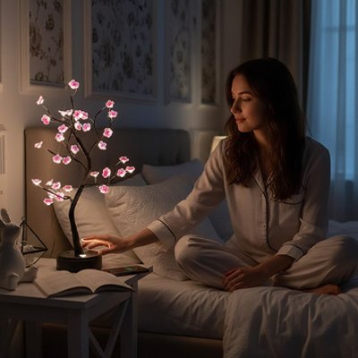 Lampe de chevet design forme de bonsaï fleurs rose allumées jeune femme sur lit apprécie la lampe