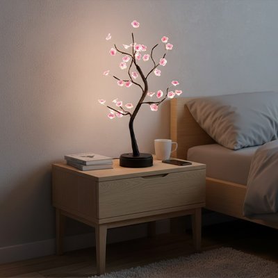 Lampe de chevet design fleurs de cerisier rose sur table de chevet chambre ambiance nordique