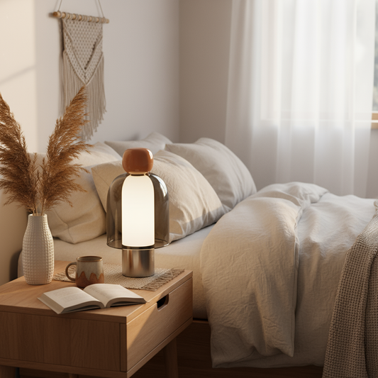 Lampe de chevet design rechargeable sans fil verre aluminium sur table de nuit chambre bohème