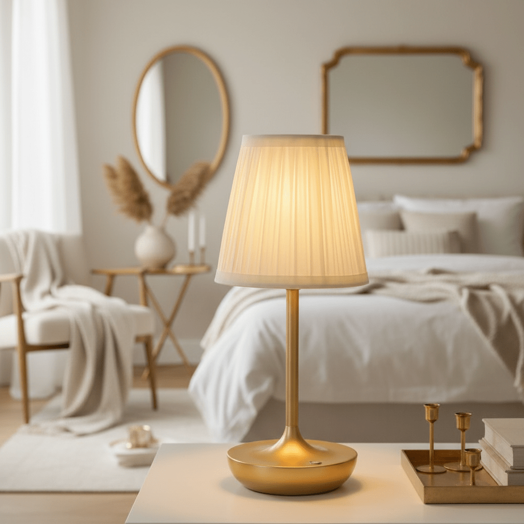 lampe de chevet LED dorée dans chambre bohème chic blanche gris clair détails bois et dorures