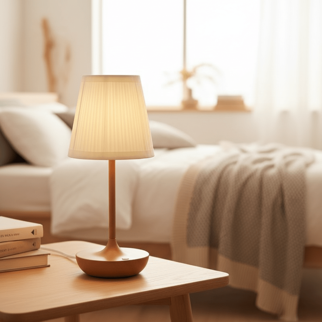 lampe de chevet LED posée table bois clair avec 3 livres dans chambre blanche détails bois et beige